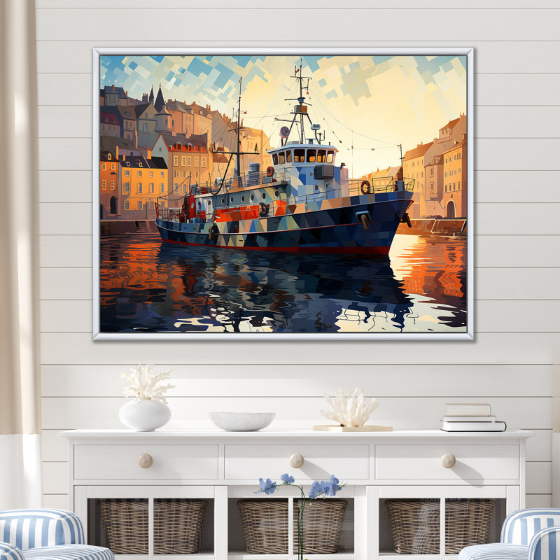 Bateau de pêche cubiste au port - Bateau côtier, art mural, Cadre flottant blanc, H 24 po x l 32 po x P 1 po