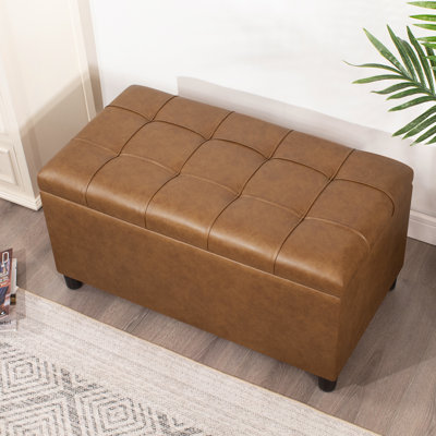 32" Faux Leather Storage Ottoman Bench With Tufted Top
