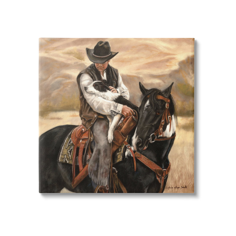 «Cowboy with Dog Landscape» par Victoria Schultz - peinture sur toile tendue, H 17 po x l 17 po x P 1,5 po