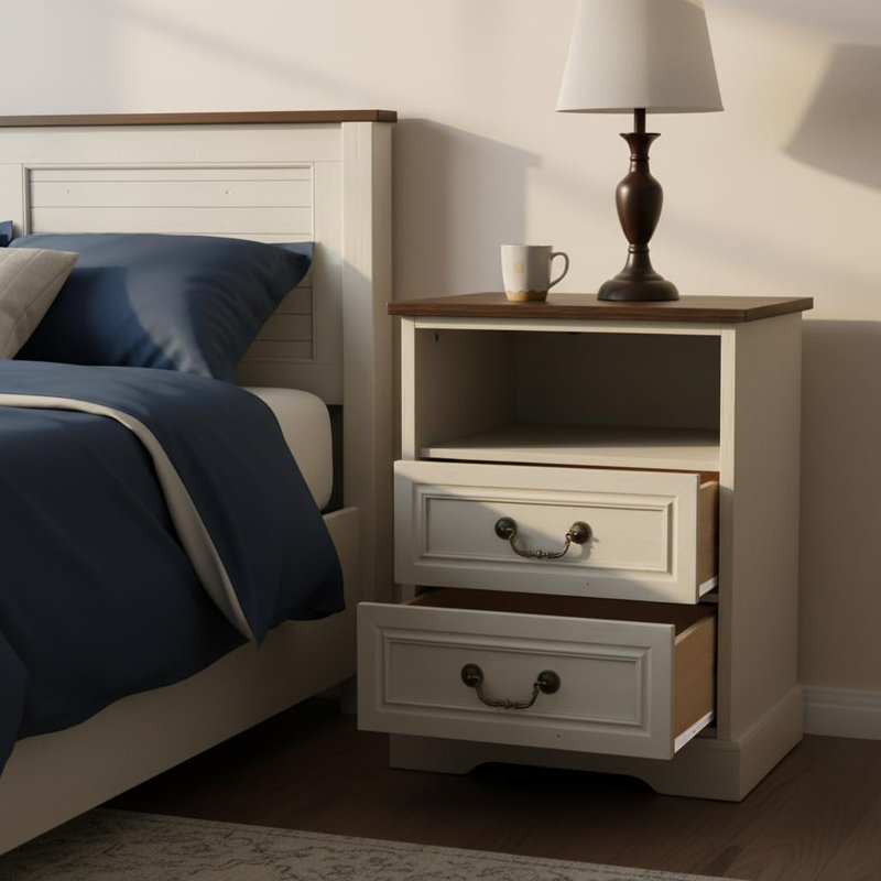 Farmhouse 19'' Nightstands with Charging Station, Set of 2 Bedside Tables With 2 Drawers & Open Cabinet, Multi-Use Living Room End Table Or Office Storage, Rustic White