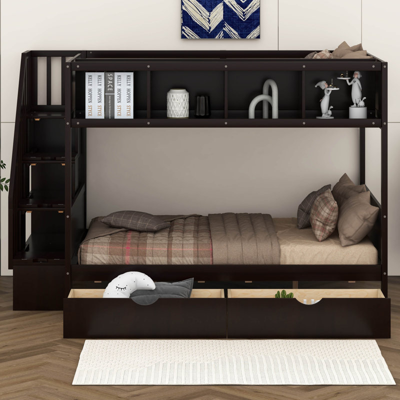 Lit superposé simple au dessus d'un lit double pour enfants, Espresso