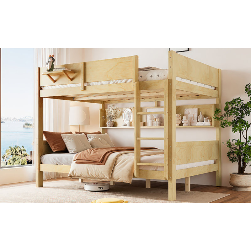 Lit superposé grand sur grand avec plateau pratique, lit superposé en bois massif avec tablettes de rangement et lattes améliorées