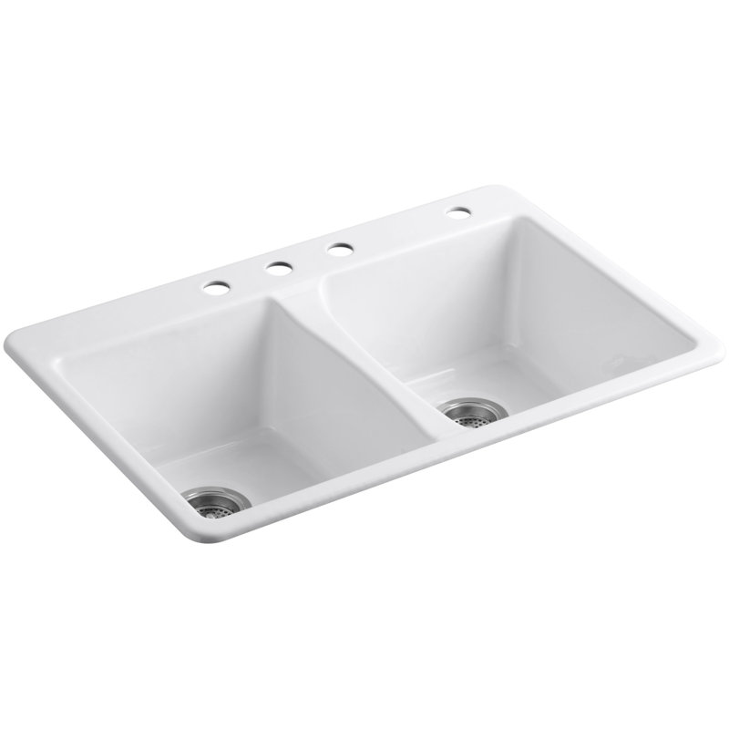 Deerfield 33" L x 22" W Double Basin Drop-In Kitchen Sink with Accessories, White, 4 Hole