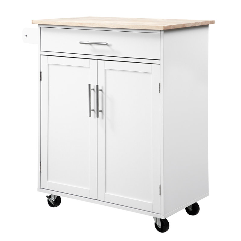 HOMCOM Kitchen Island Cart Rolling Trolley Cart With Drawer, Storage Cabinet & Towel Rack, White, White
