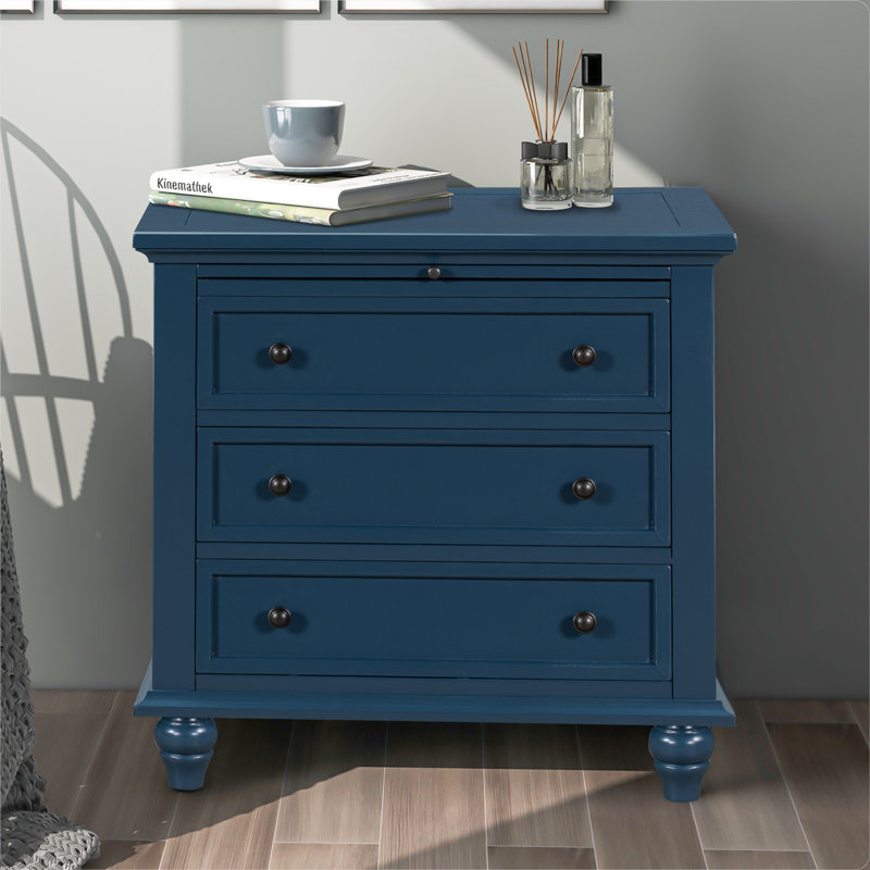 Armoire de rangement à 3 tiroirs, table de bout avec plateau coulissant, Bleu
