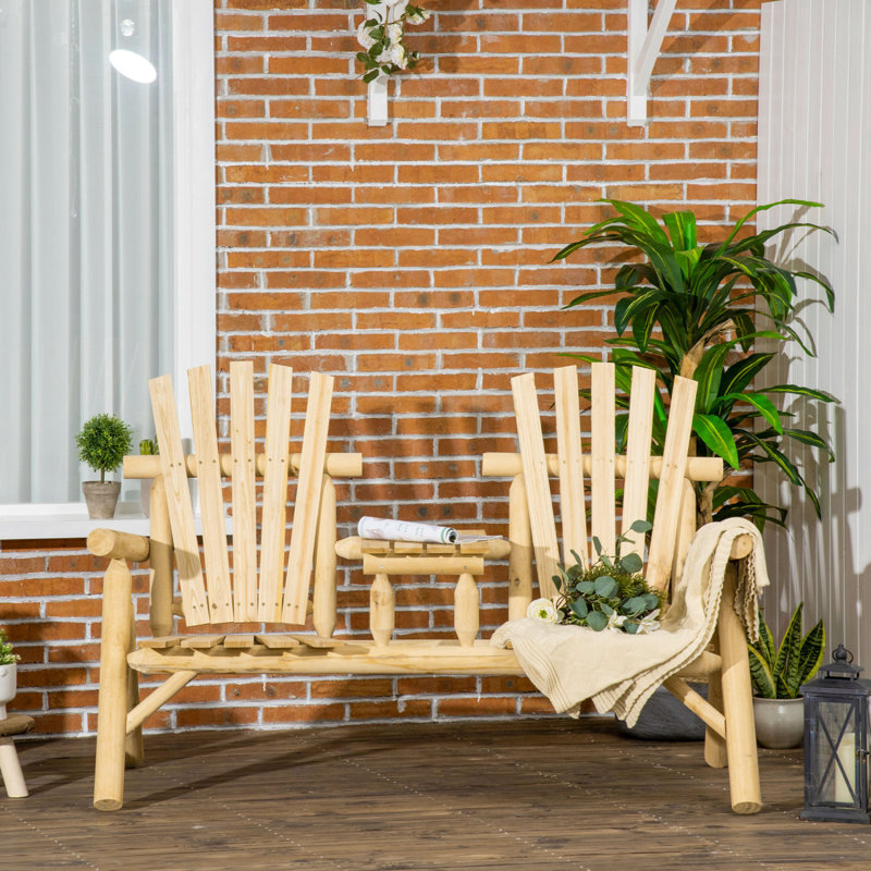 Outsunny 2-Seat Wooden Adirondack Chair, Patio Bench With Table, Outdoor Loveseat Fire Pit Chair For Porch, Backyard, Deck, Carbonized