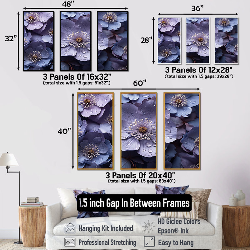 «Buttercups Lavender II - Buttercups», ensemble de reproduction d'art mural, Cadre flottant blanc, H 40 po x l 60 po x P 1 po