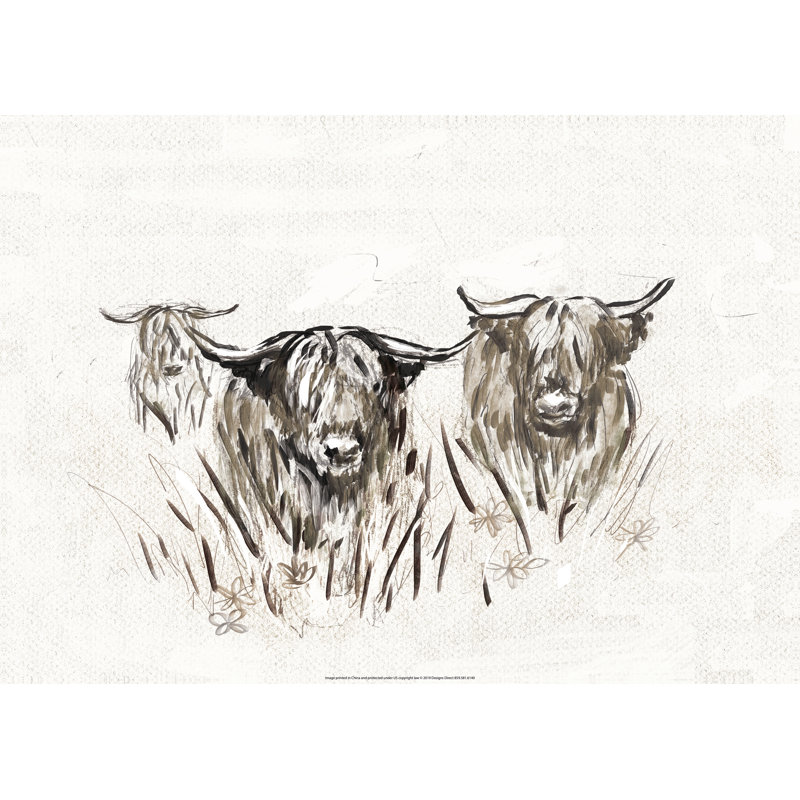 Inky Highland Cow Party - Painting Print, 61cm H x 91cm W, Black Floater Framed