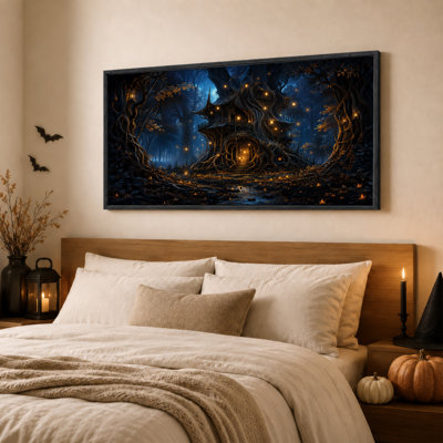 Superbe cabane dans les arbres avec lanternes lumineuses dans une toile murale sombre d'Halloween