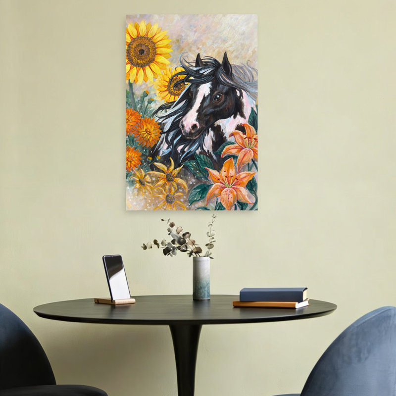 Cheval parmi les tournesols, art abstrait coloré de dahlia, 24" H x 16" W