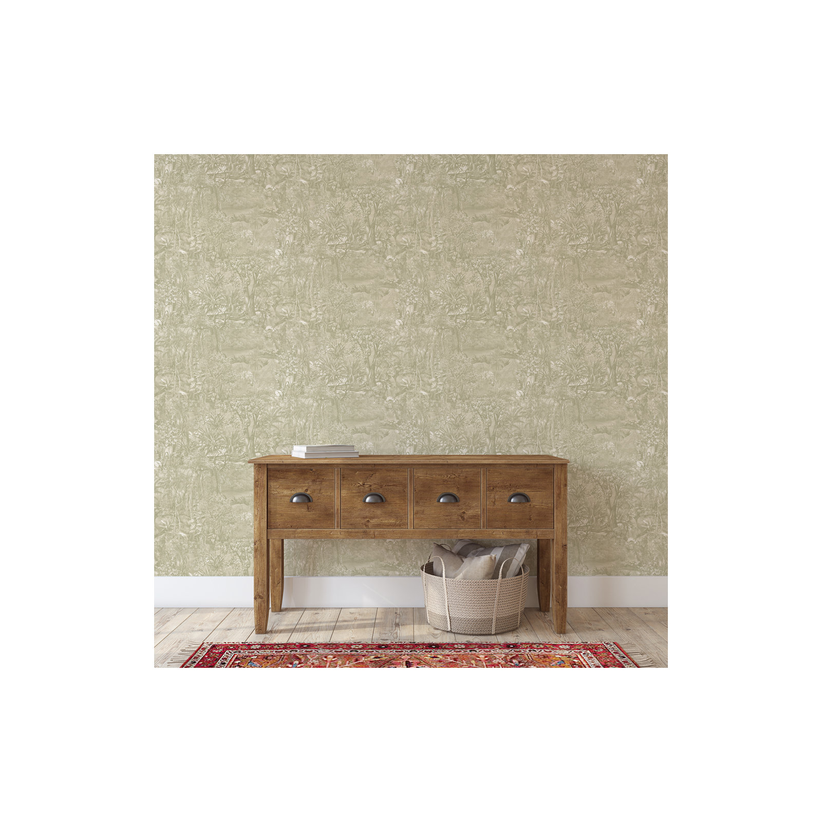 Jungle Toile Peel and Stick Wallpaper, Moss Green Toile, 20.5" L x 33" W