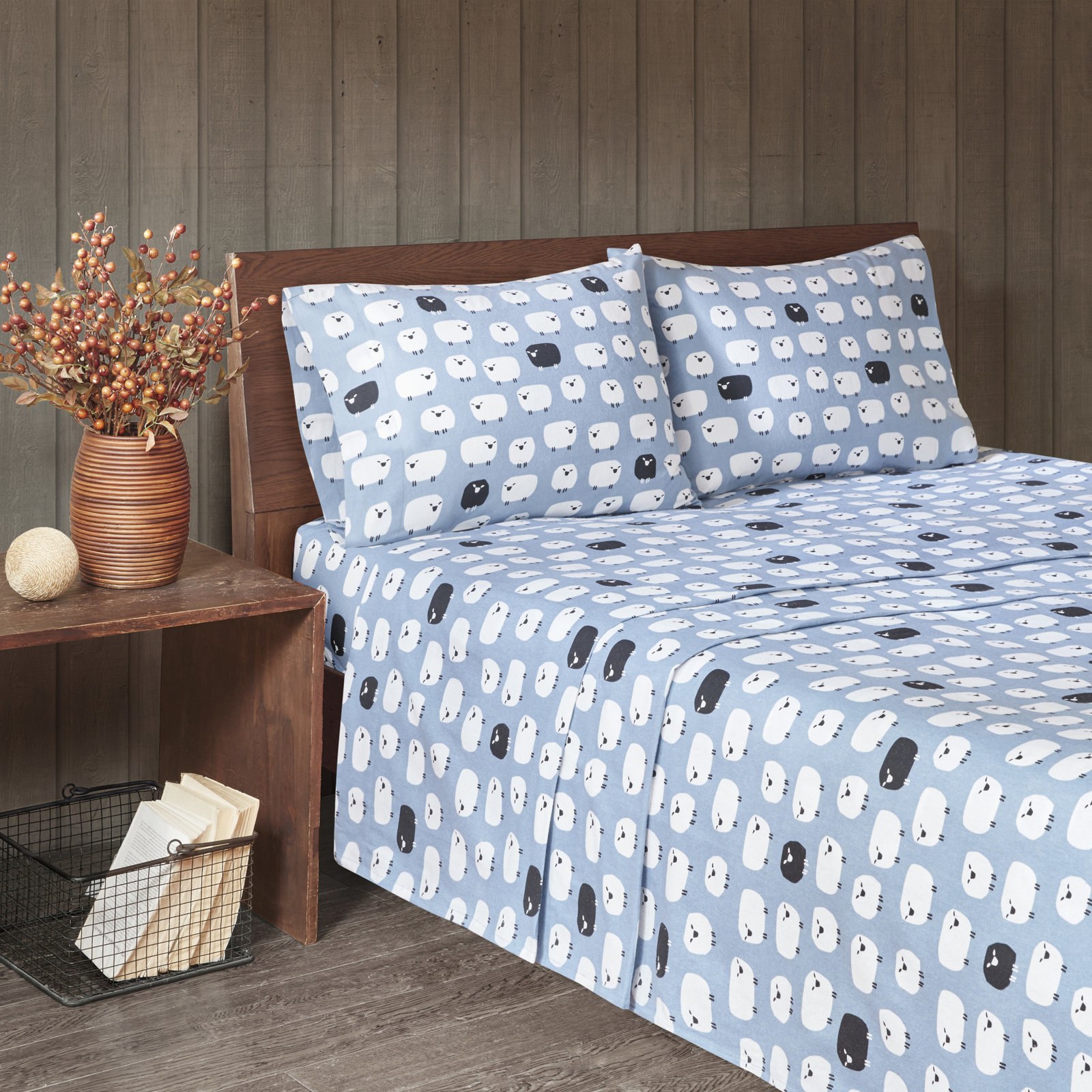Woolrich Cotton Flannel Sheet Set, King Sheet Set with 2 Pillowcases, Blue Sheep