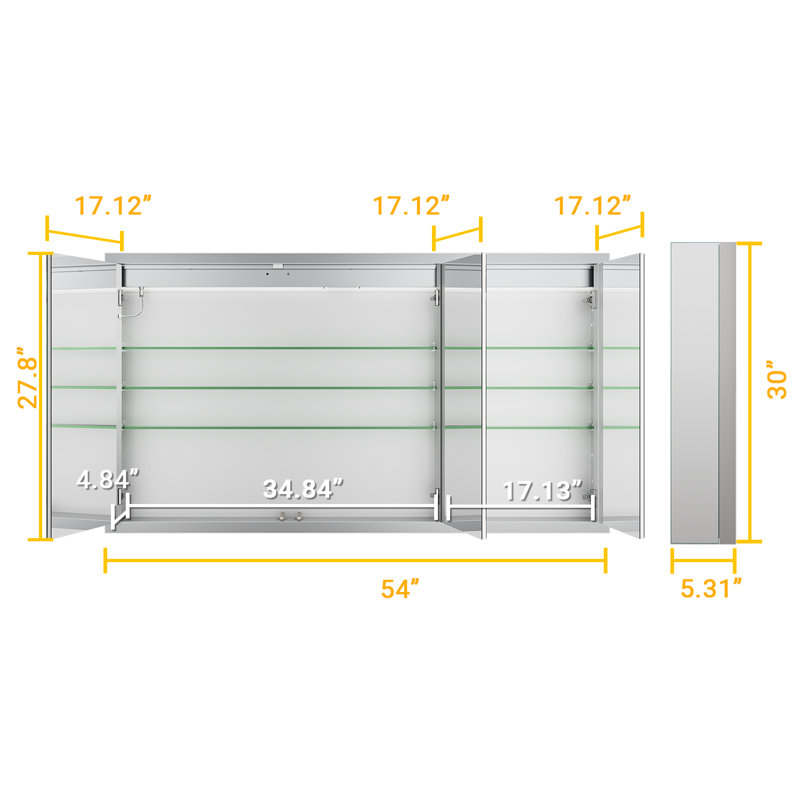 Ciyanna Recessed LED Lighted Medicine Cabinet with 3 Adjustable Shelves, Defogger, Outlets & USBs, 30" H x 54" W x 5" D