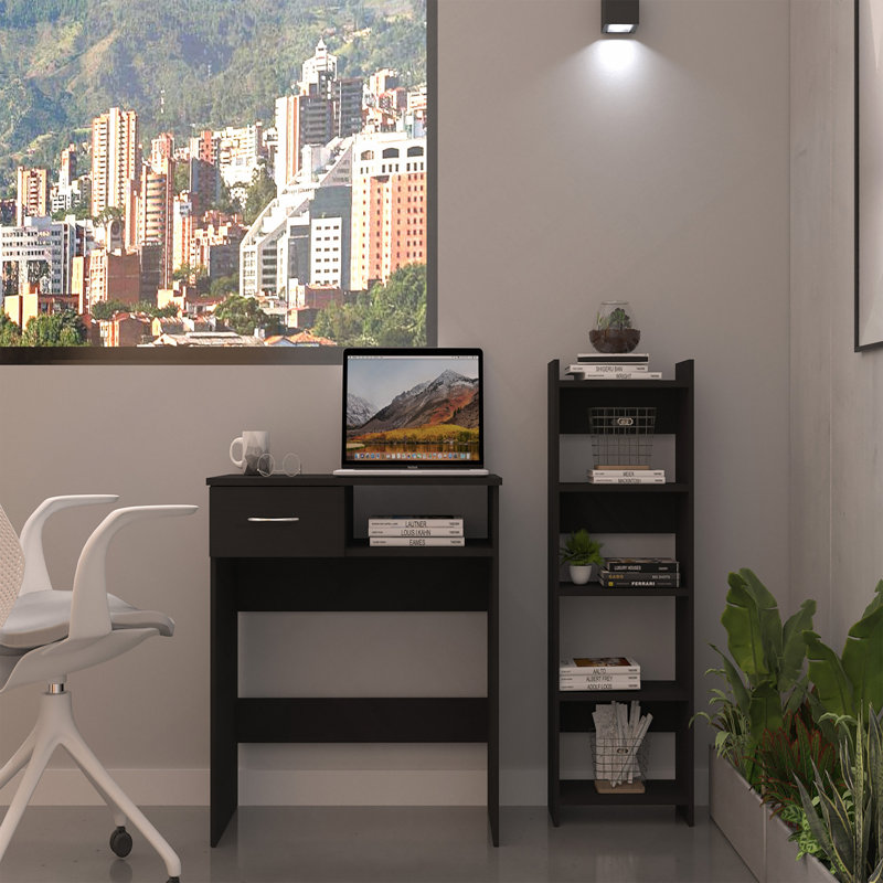 Ensemble de bureau personnel, ensemble de deux pièces, un tiroir, bureau, plateau à clavier, support, cinq tablettes, noir