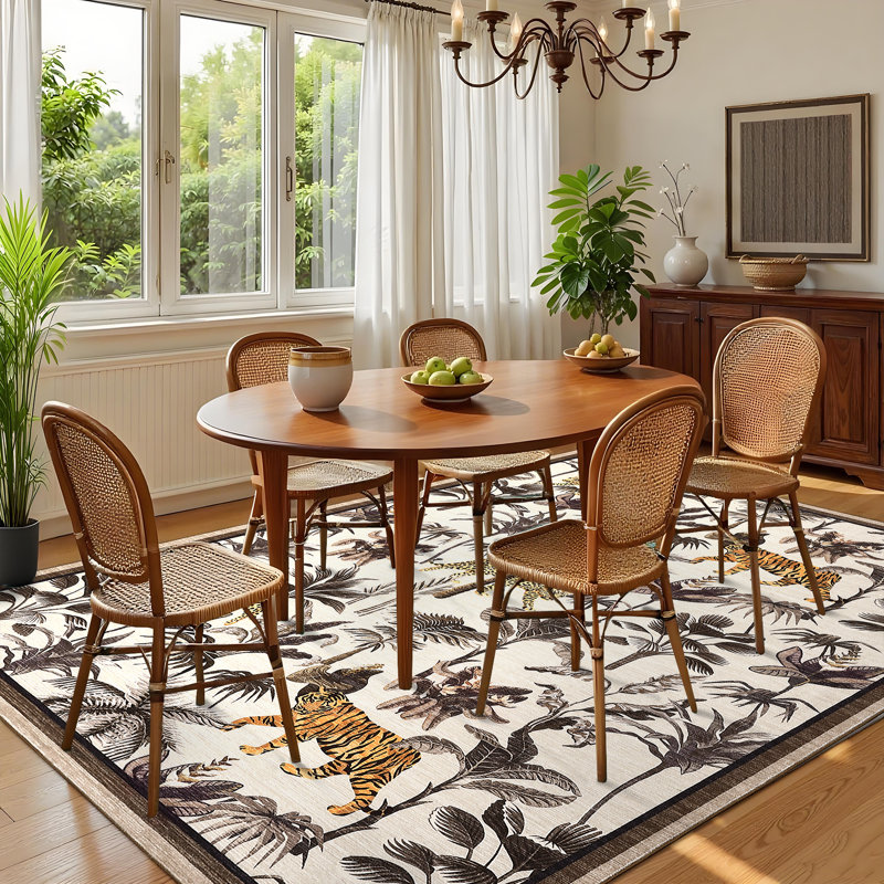 Tiger Area Rug for Living Room, Machine Washable Non-Slip Low Pile Rug, Botanical Jungle Animal Print Rug, Stain-Resistant Soft Foldable Floor Covering