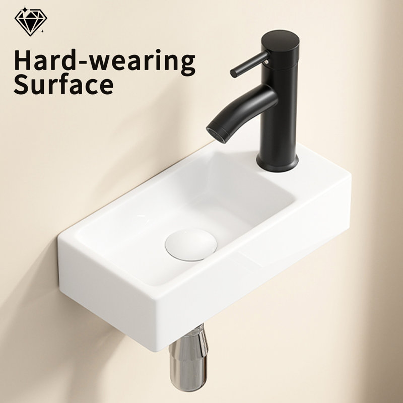 Lavabo mural suspendu en céramique rectangulaire, petit évier de vestiaire traditionnel blanc laiteux, 14 * 7 * 3 pouces, main gauche, trou de robinet simple pour main blanche, salle de bain