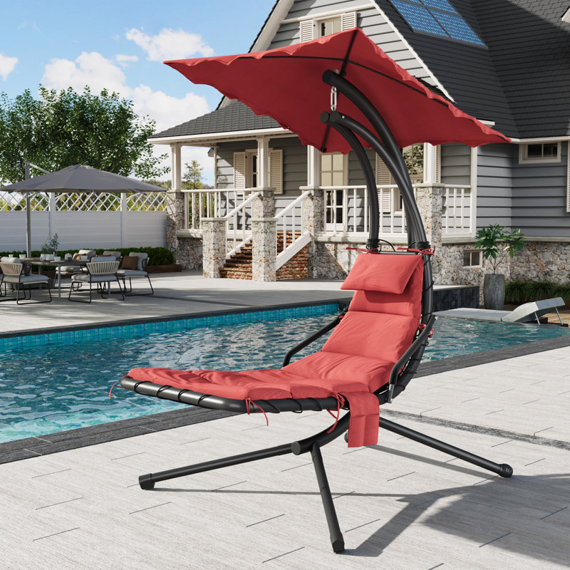 Relaxing Outdoor Hanging Chaise Lounge Swing Chair with Umbrella – Curved Steel Frame Hammock Lounger, Soft Cushion, Ideal for Patio, Garden, Poolside, Backyard, Porch, Dreamy Hammock