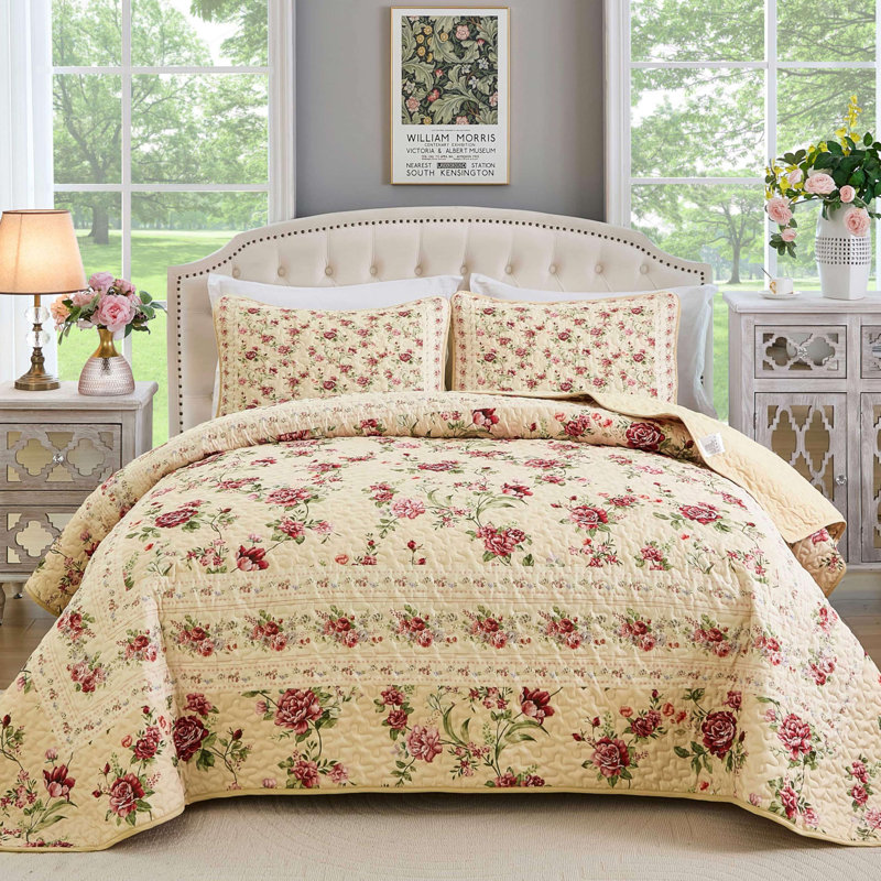 Ensemble de courtepointe 3 pièces à motif floral rose antique avec couvre-lit en microfibre douce et légère avec taies d'oreiller pour toutes les saisons