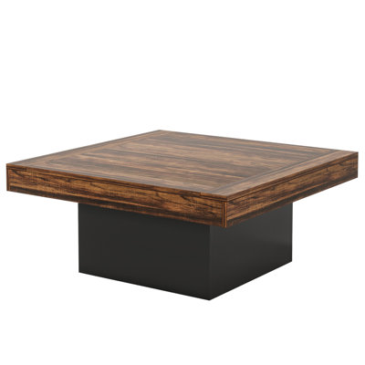 35.4 Inches Farmhouse Square LED Coffee Table – Rustic Brown Modern Center Table With Engineered Wood Top & Black Base, Low Cocktail Table For Living Room Entertainment