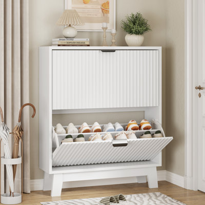 37" Tall Fluted Shoe Cabinet with 2 Flip Drawers – Narrow Freestanding Organizer for Entryway (31.3"W x 9.45"D)