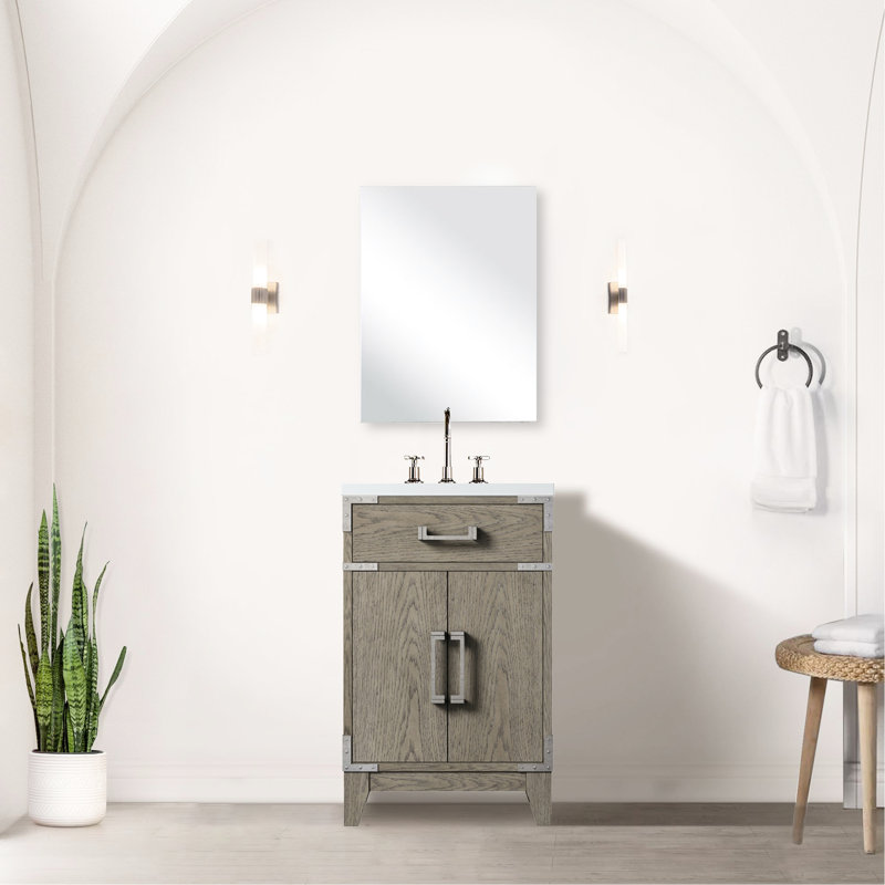 20 po De salle de bain en chêne gris avec comptoir en acrylique à la main et miroir