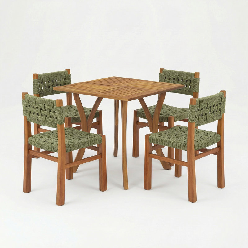 Capri Patio 5-Piece Acacia Wood Dining Set With Hand-Woven Wicker, Green Wicker/Teak