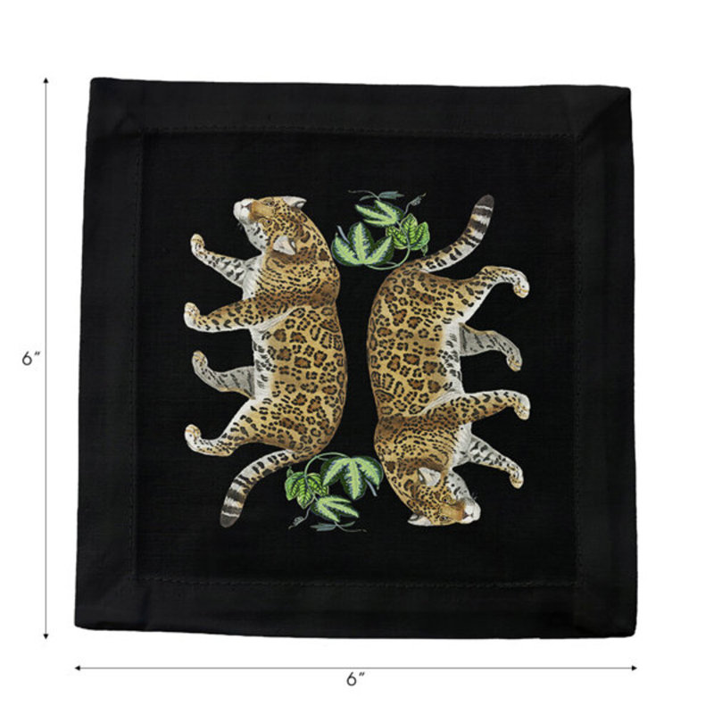 Leopard Seeing Double Cotton Sateen Cocktail Napkins, Black