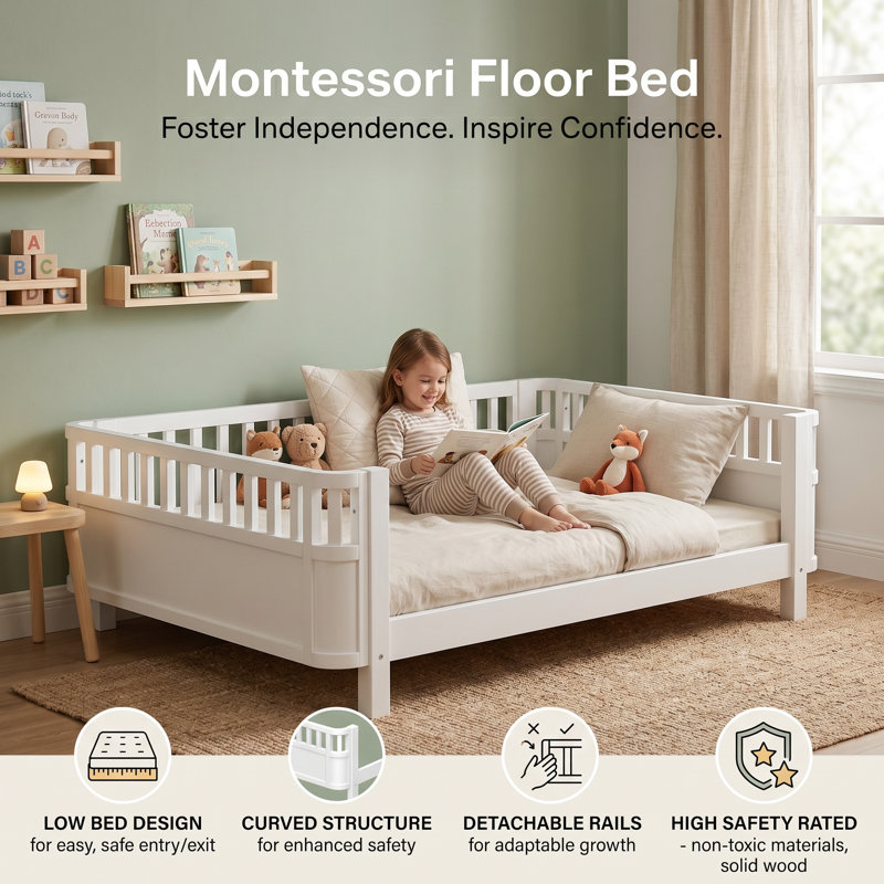 Low Profile Kids Platform Bed with Safety Rails, Removable Guardrail Toddler Bed Frame, Wood Slat Support, White, Twin, Twin