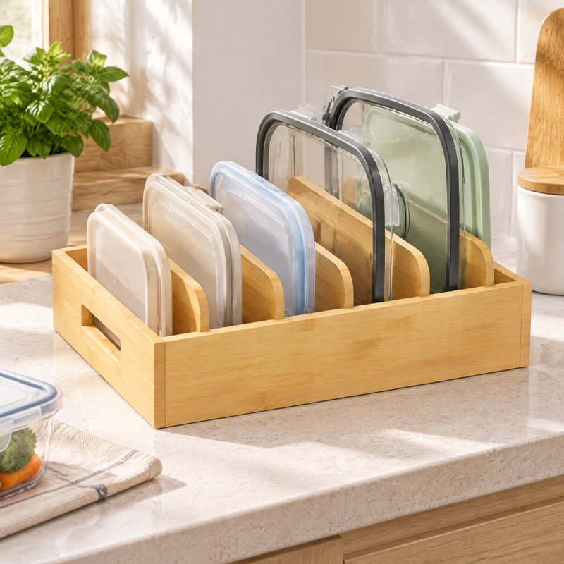 Organisateur de couvercle en bambou, porte-couvercle de rangement pour garde-manger avec 5 séparateurs réglables pour armoires de cuisine