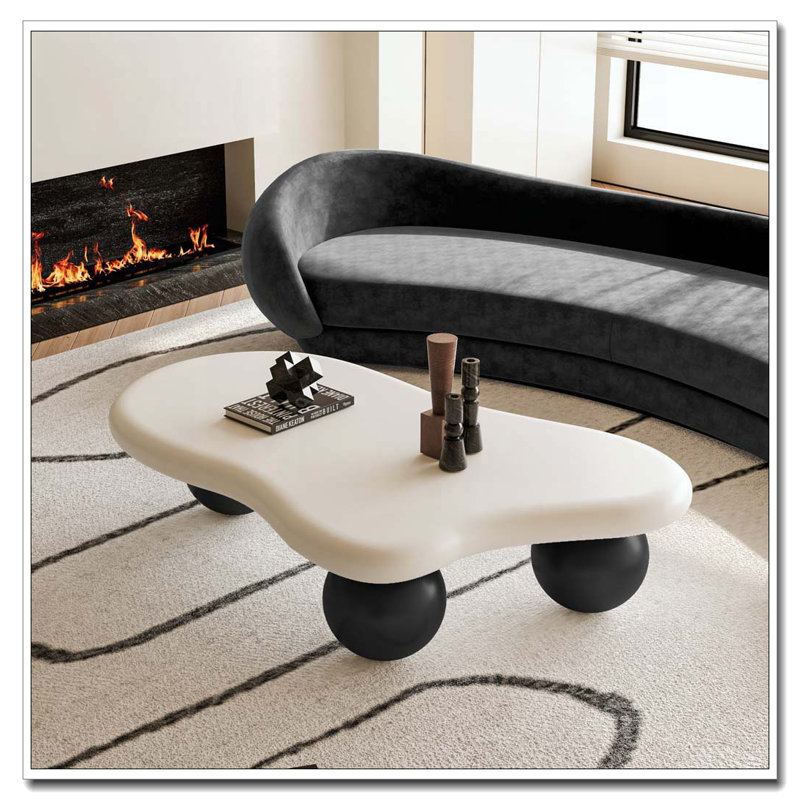 Table basse 47 pouces en forme de nuage avec 3 pieds en forme de boule, Pieds blancs et noir