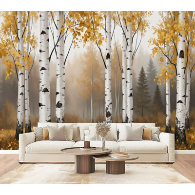 Peel and Stick Wallpaper Aspen Tree Modern Abstract Forest Birch Trees Leaves Grass Field Wall Murals 69"H x 96"W Removable PVC Wall Paper Self-Adhesive Wall Decor for Bedroom Living Room Home Office