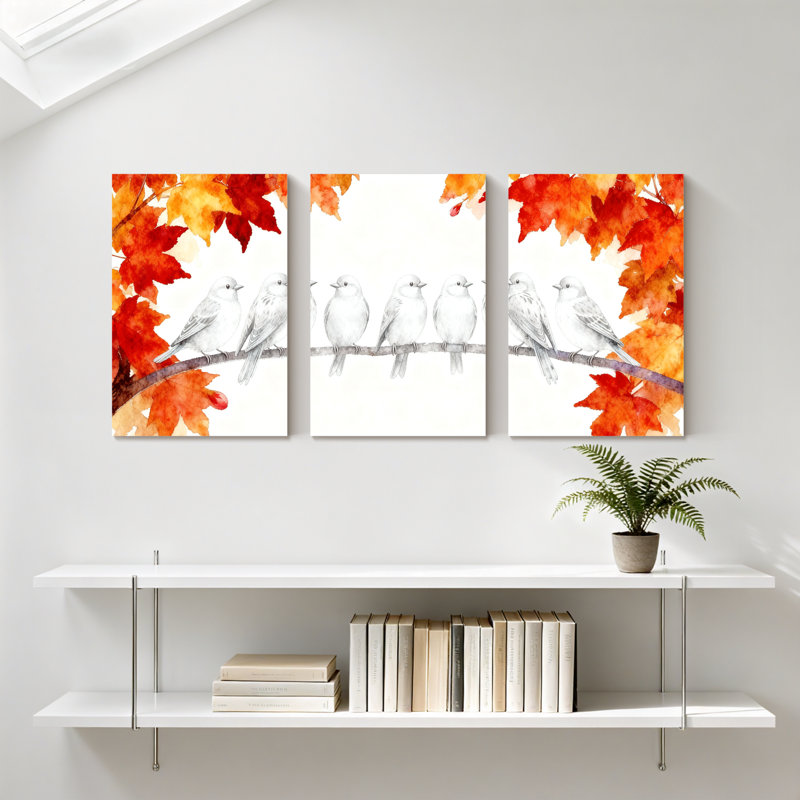 «Birds Birds on Branch Autumn Leaves», ensemble de 3 impressions sur toile, H 24 po x l 48 po