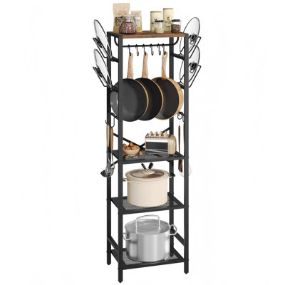 4-Tier Pot Rack, Pots And Pans Organizer For Kitchen, Lid Organizer Rack With U-Shaped Lid Holders, Kitchen Storage Shelf For Standing Cookware, Rustic Brown And Black