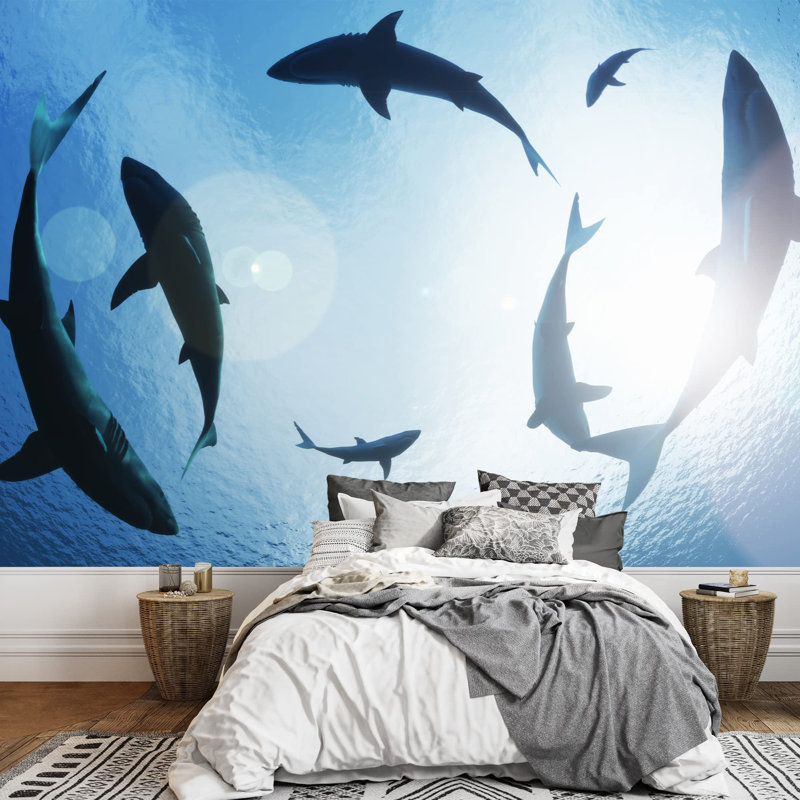 Grand papier peint auto-adhésif School of Sharks, L 66 po x l 96 po