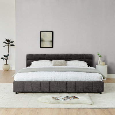  Lit tapissier, base de lit rembourrée confortable, tissu chenille, avec tête de lit et base de lit solide. Avec tiroir pour le rangement (88,5 po x 85,5 po x 31 po)