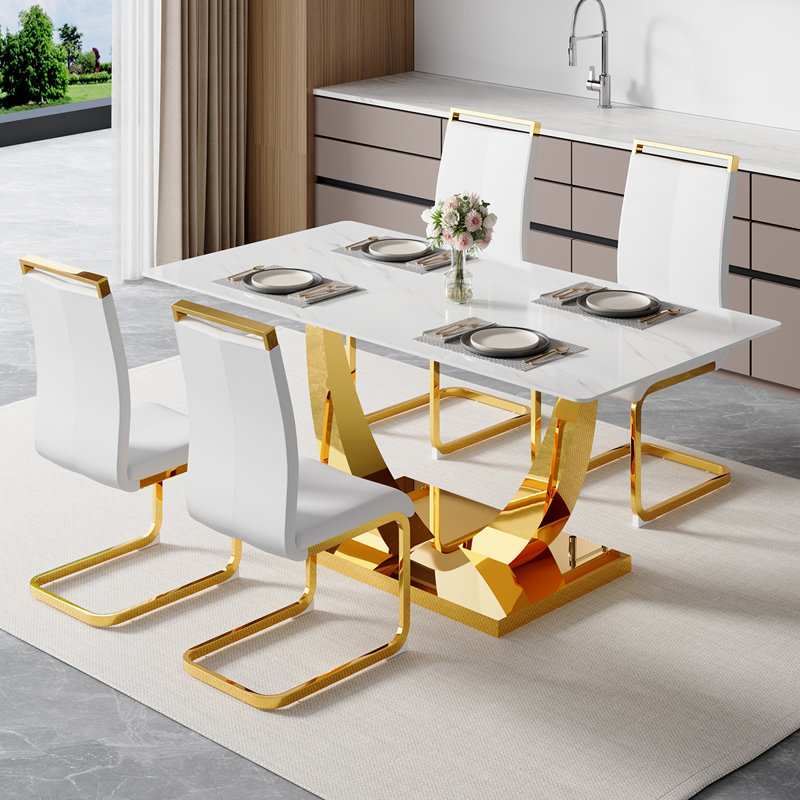 Modern Dining Table Set For 4,Rectangular Pedestal Dining Table With Chairs, White, White