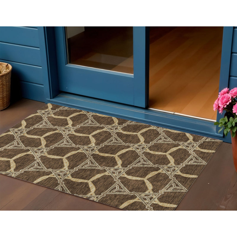 3' X 5' Brown Geometric Washable Indoor Outdoor Area Rug