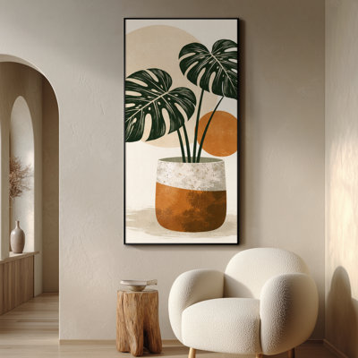 Très grand art mural imprimé sur tissu - Feuilles de Monstera en pot de céramique avec disques solaires neutres pour le salon - «Assemblage requis du cadre (cadre non fini)»