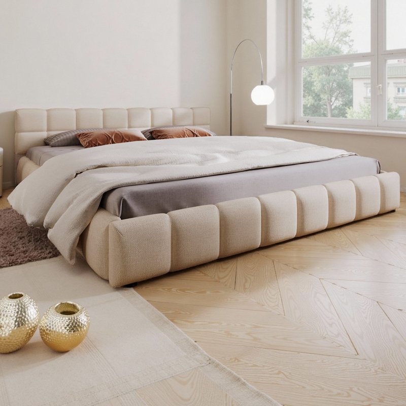 Élégante base de lit tapissier en chenille beige avec tête de lit en damier, aucun sommier nécessaire, Très grand lit