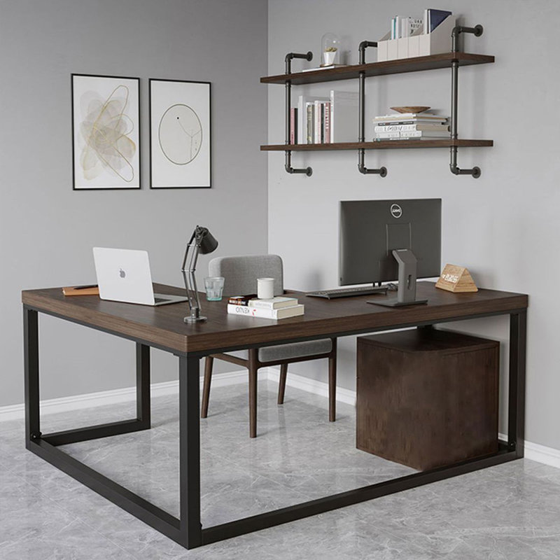 Bureau en bois massif en forme de L brun noyer + en acier au carbone + noir