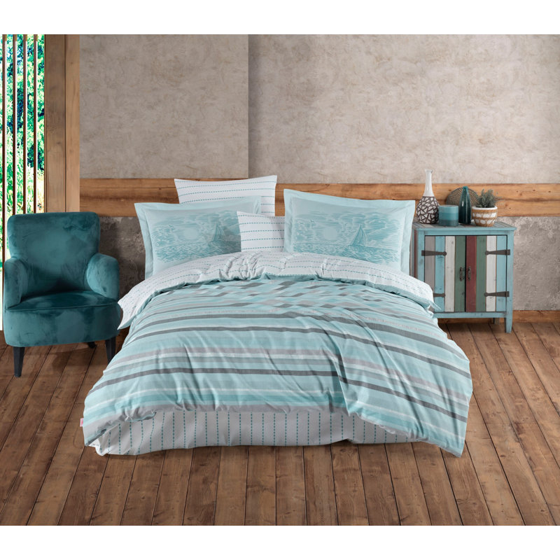 Ensemble de housse de couette double 100% coton, turquoise | Comprend une housse de couette (78,7 x 86,6 po), un drap plat (94,5 x 102,4 po), 2 taies d'oreiller (19,7 x 27,6 po) | Doux, respirant, lavable à la machine, conception élégante