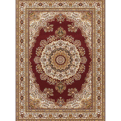 24 po Tapis large, rouge, traditionnel, orné, médaillon, large, 36 po, polypropylène, teint 2 pi X 3 pi., Luxe, Jute, Doux sous les pieds