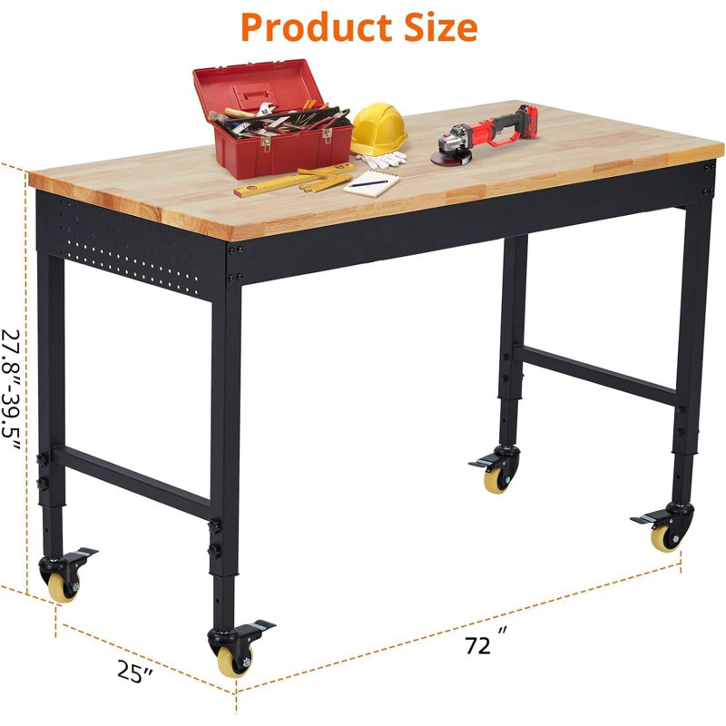 Établi robuste et réglable, table de travail en bois d'hévéa avec capacité de charge de 2000 lb avec prise de courant en panneau perforé et roues verrouillables pour le garage, l'atelier et le bureau
