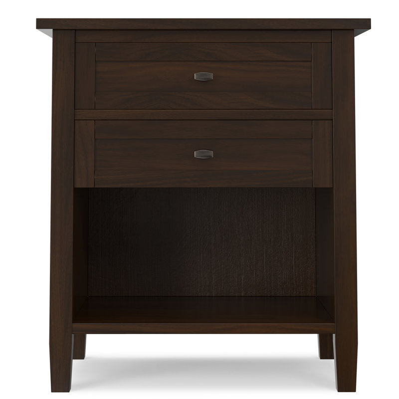 Warm Shaker 24"W Solid Wood Transitional Nightstand With Drawers And Open Shelf, Tobacco Brown