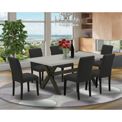 7 Piece Modern Dining Table Set Consist of a Rectangle Wooden Table with X-Legs and 6 Black Color Linen Fabric Upholstered Chairs, Wire brushed Black