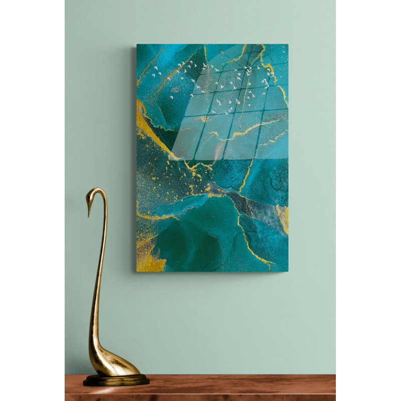 Décoration murale en verre trempé, impression de style marbré unique sur verre et doré, H 17,5 po x l 11,5 po