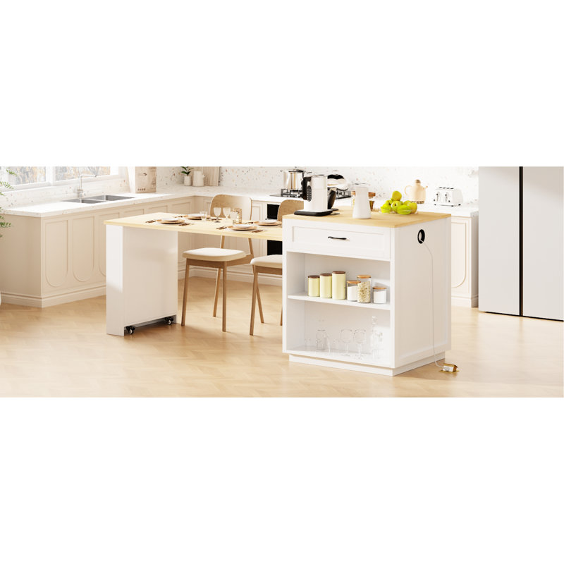 Îlot de cuisine de 82,7 po avec table extensible pour 2 à 6 personnes, blanc, rangement double, 2 roulettes verrouillables, tablettes réglables, compartiment de rangement pour salle à manger de 82,7 po, prise de courant double, ouverture latérale fonctionnelle