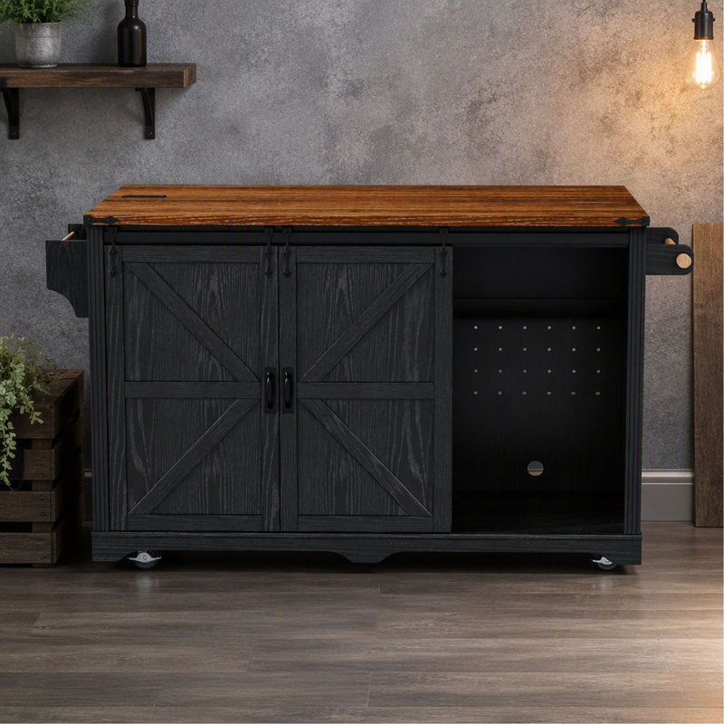 Îlot de cuisine de 72 po avec espace de rangement pour réfrigérateur et prise de courant K&K, Noir