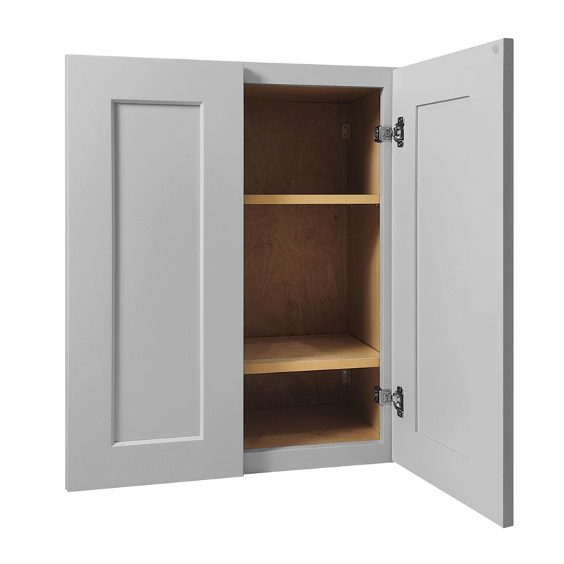 Armoire murale blanche en bois massif à double porte avec 2 tablettes, réglable et prête à assembler pour un rangement polyvalent
