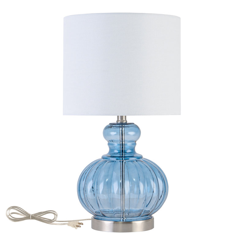20.25” Blue Gourd Table Lamp With Glass Base And White Fabric Shade, Blue